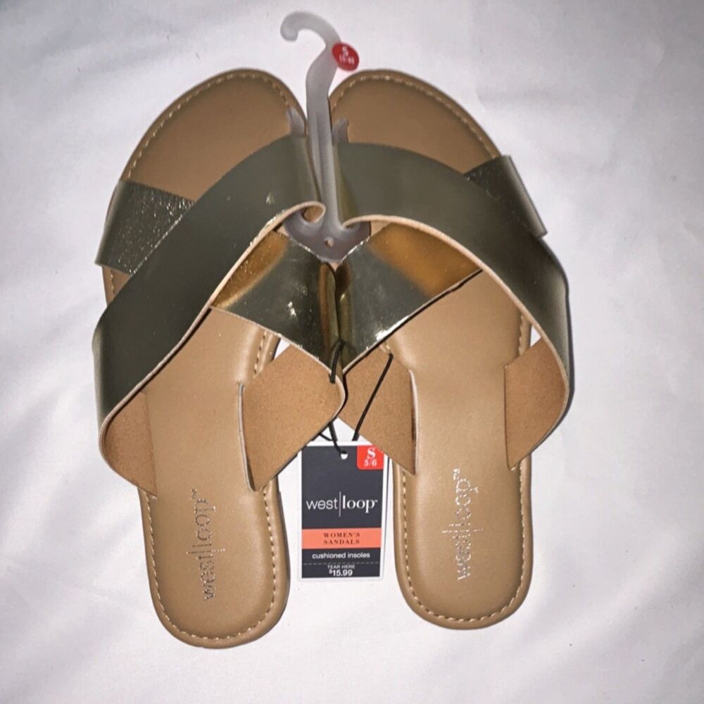 West Loop Gold Metallic Slide Sandals Slip On Comfort Women's Size 5/6